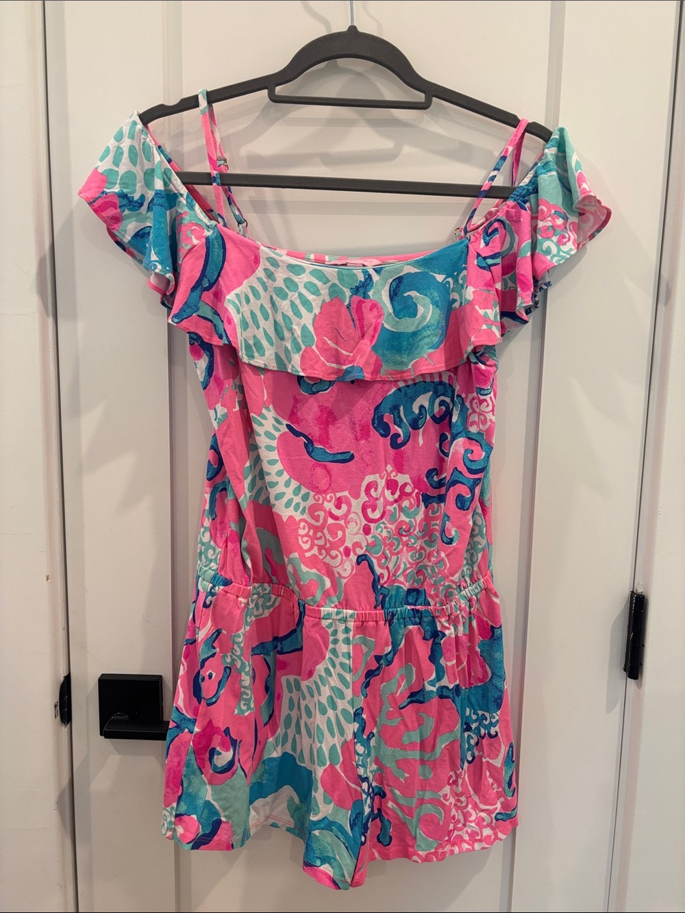 Lilly Pulitzer Pink and Teal Off-Shoulder Ruffle Sundress
